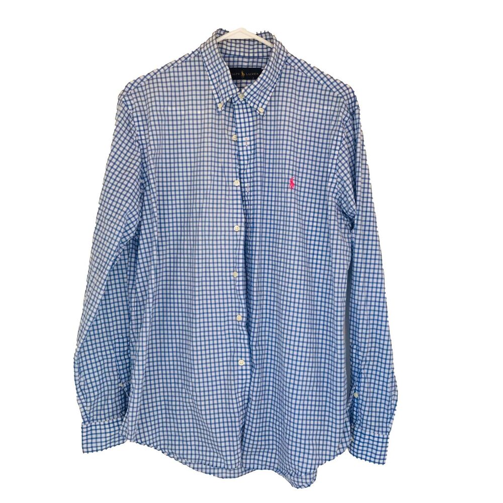 Ralph Lauren Shirt Blue Check Button Down Gingham Cotton Pink Pony Men's Large